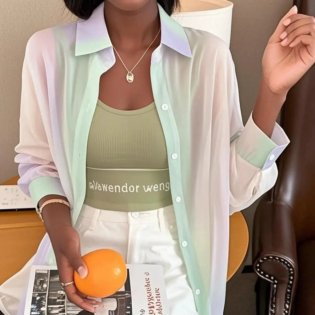 See-through pastel gradient long-sleeve shirt over olive green crop top; casual two-piece outfit
