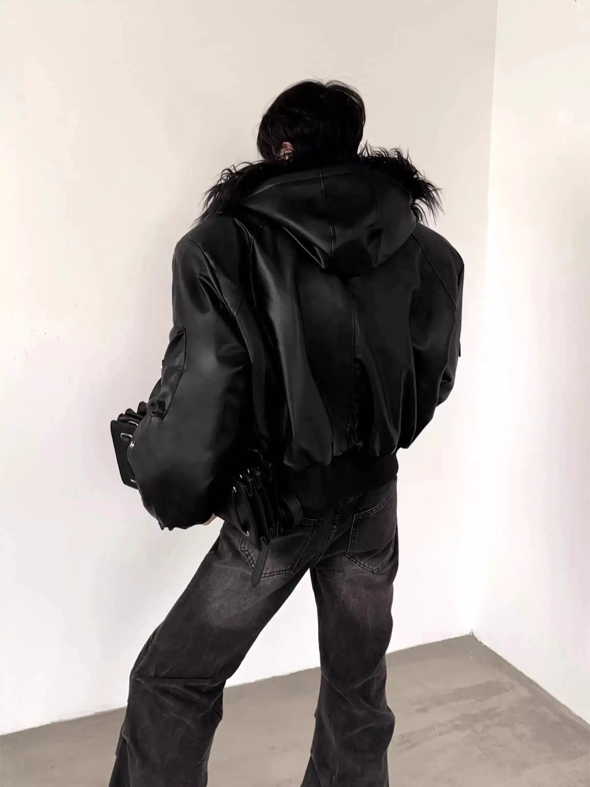 Mauroicardi black PU leather jacket with faux fur hood, oversized men's outerwear