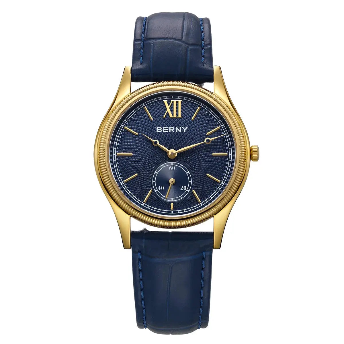 BERNY luxury men's watch with gold-tone case, blue dial and blue leather strap