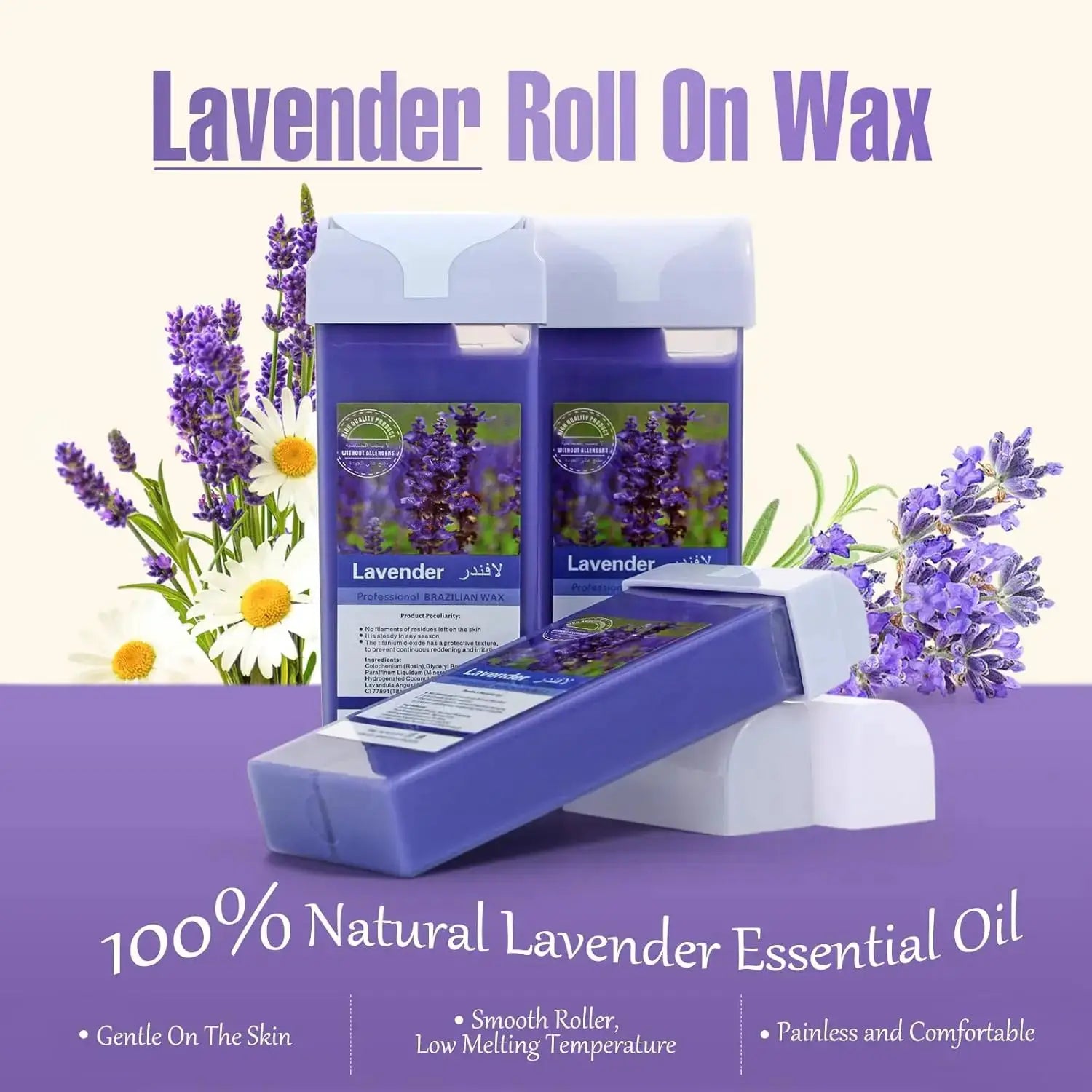 Lavender roll-on wax refill set with two purple bottles and a roller cartridge