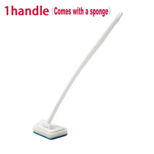 Bathroom sponge cleaning brush with long white handle and blue-base sponge head