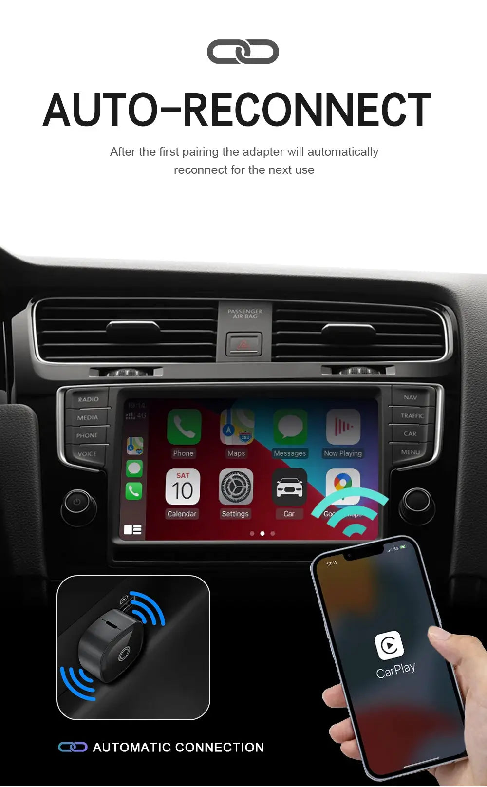 XUDA 2in1 wireless CarPlay/Android Auto adapter, black, for VW Toyota Nissan Honda Ford Benz by Simples Market