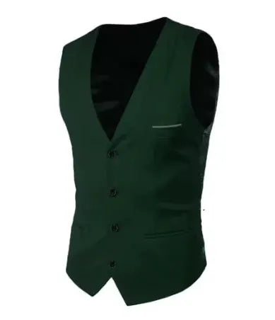 Men's green suit waistcoat with black satin lining, five-button front, slim fit for wedding or formal events.