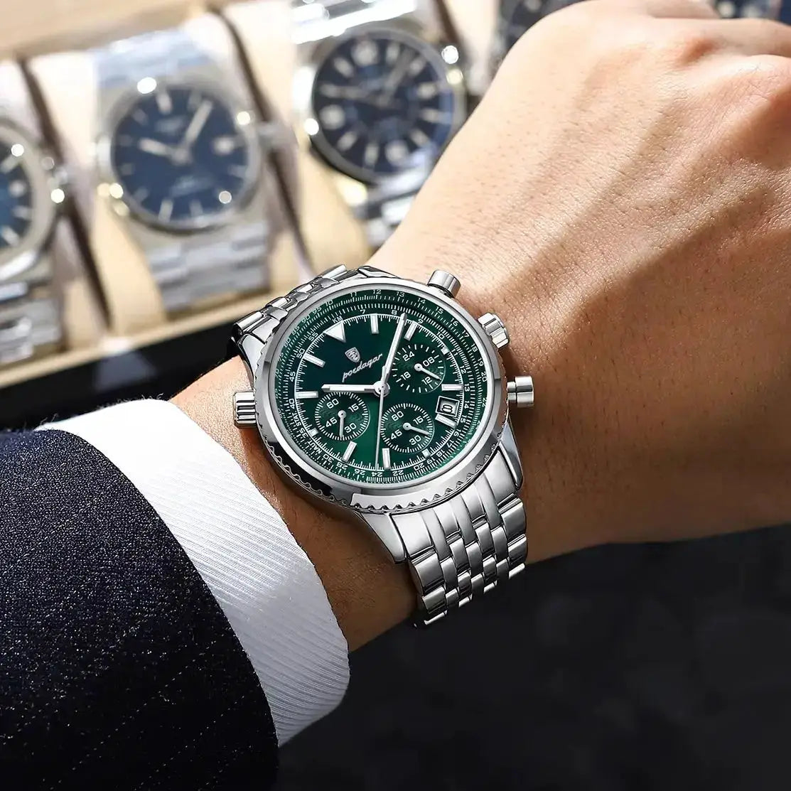 POEDAGAR men's luxury stainless steel chronograph watch with green dial, date window, luminous hands