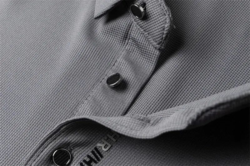 Men's business casual long-sleeve polo shirt in solid grey with Simples Market badge