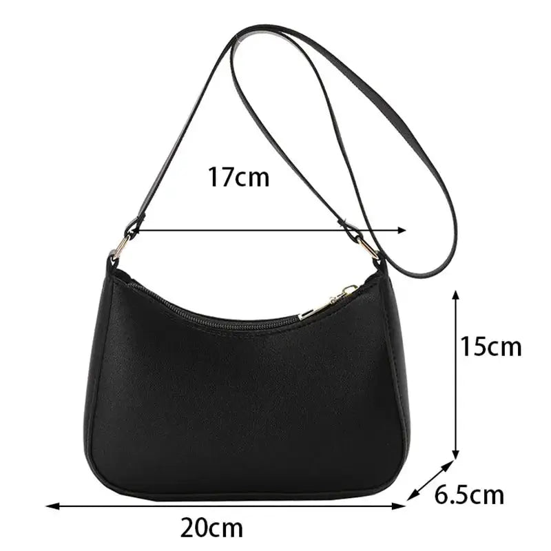 Black solid-color handbag with a single shoulder strap, top zipper, compact 20x15x6.5 cm