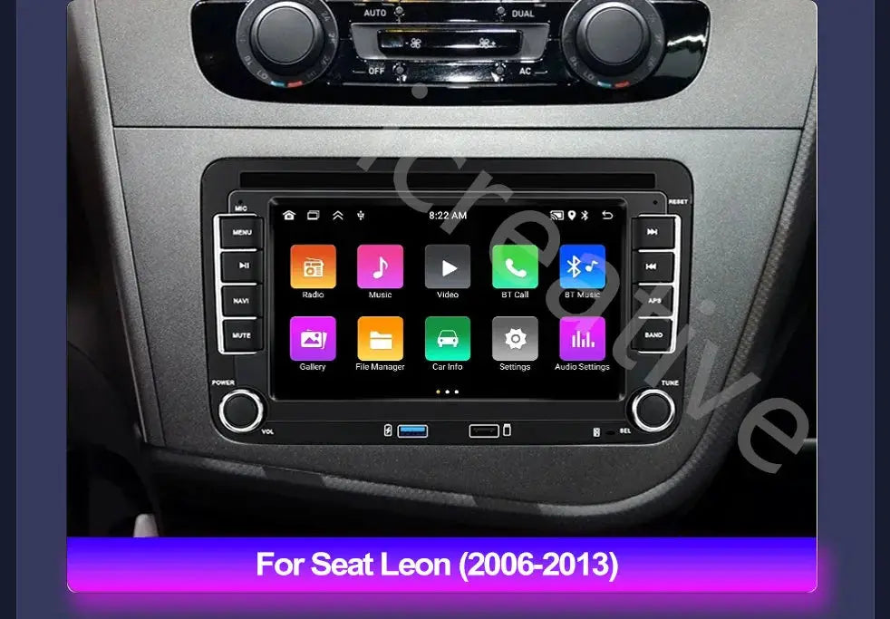 Simples Market 2Din Android car stereo in a Seat Leon 2006-2013 dashboard, black bezel with home screen icons