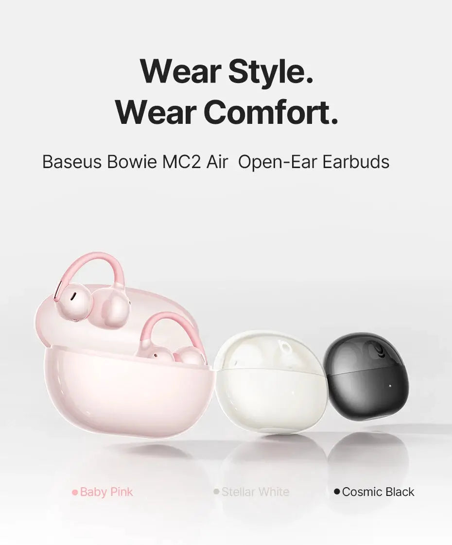 Baseus Bowie MC2 Air Open-Ear Earbuds, 3 color options: Baby Pink, Stellar White, Cosmic Black with cases