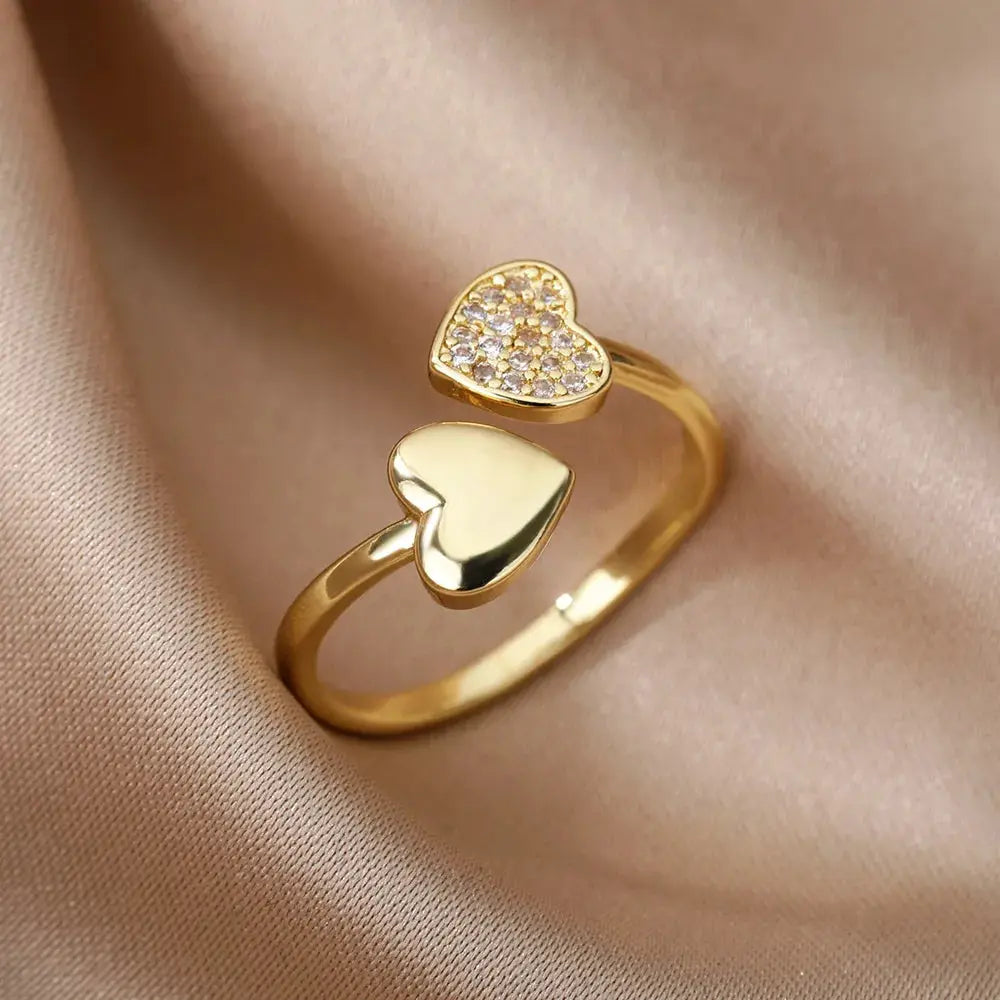 Zircon Geometric Heart Ring For Women Stainless Steel With 18K Gold Plating Luxury Aesthetic Jewelry Gift