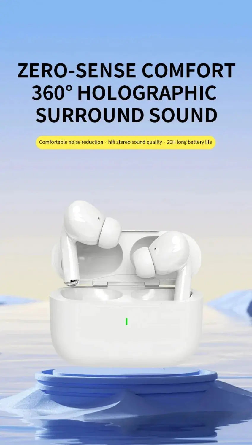 Air Pro wireless earbuds pair with white charging case