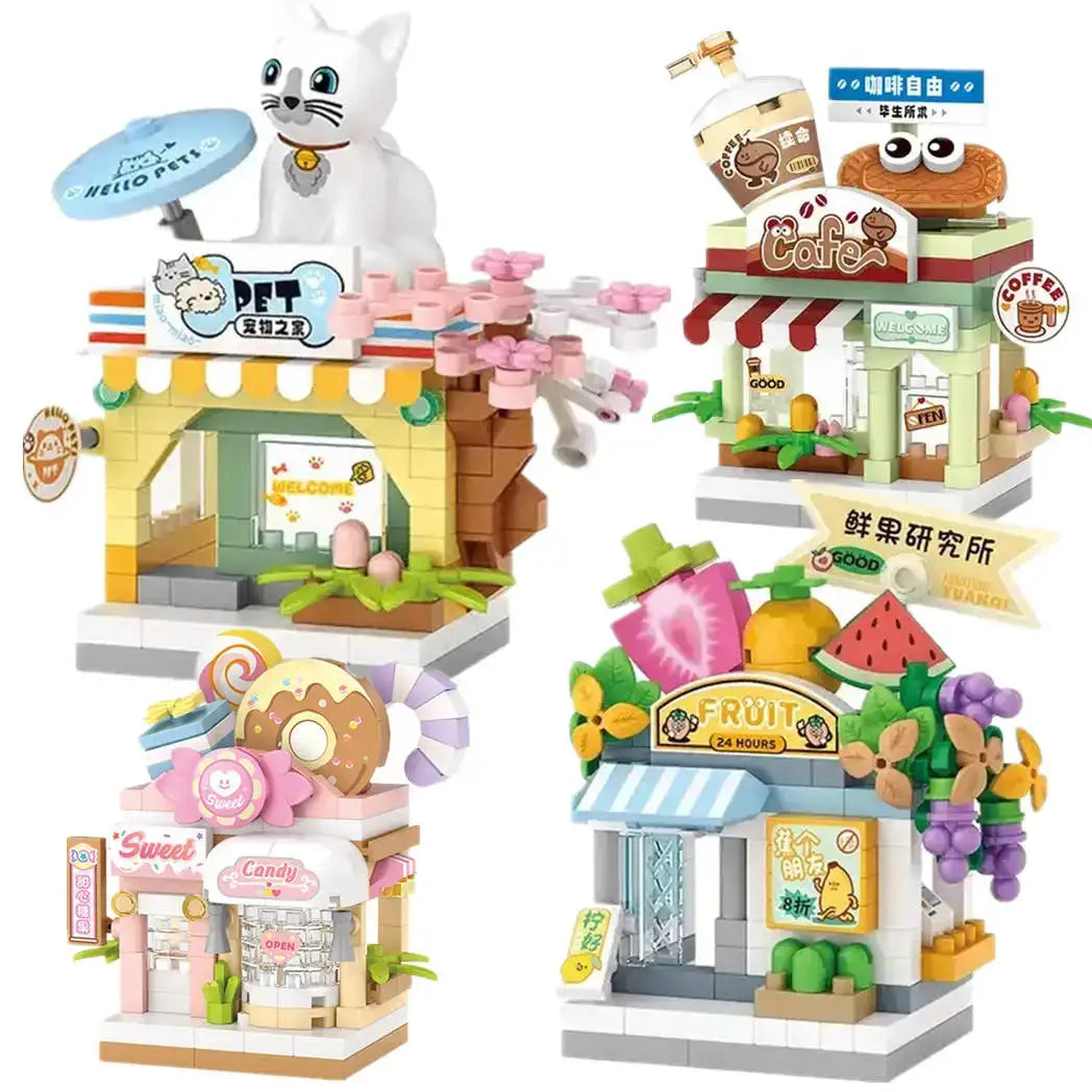 Restaurant Dessert Coffee Street View Building Blocks Kit With Pet And Fruit Store Model For Kids And Adults