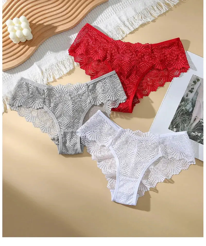 Lace women's mid-waist panties, three-piece set in red, gray, and white.