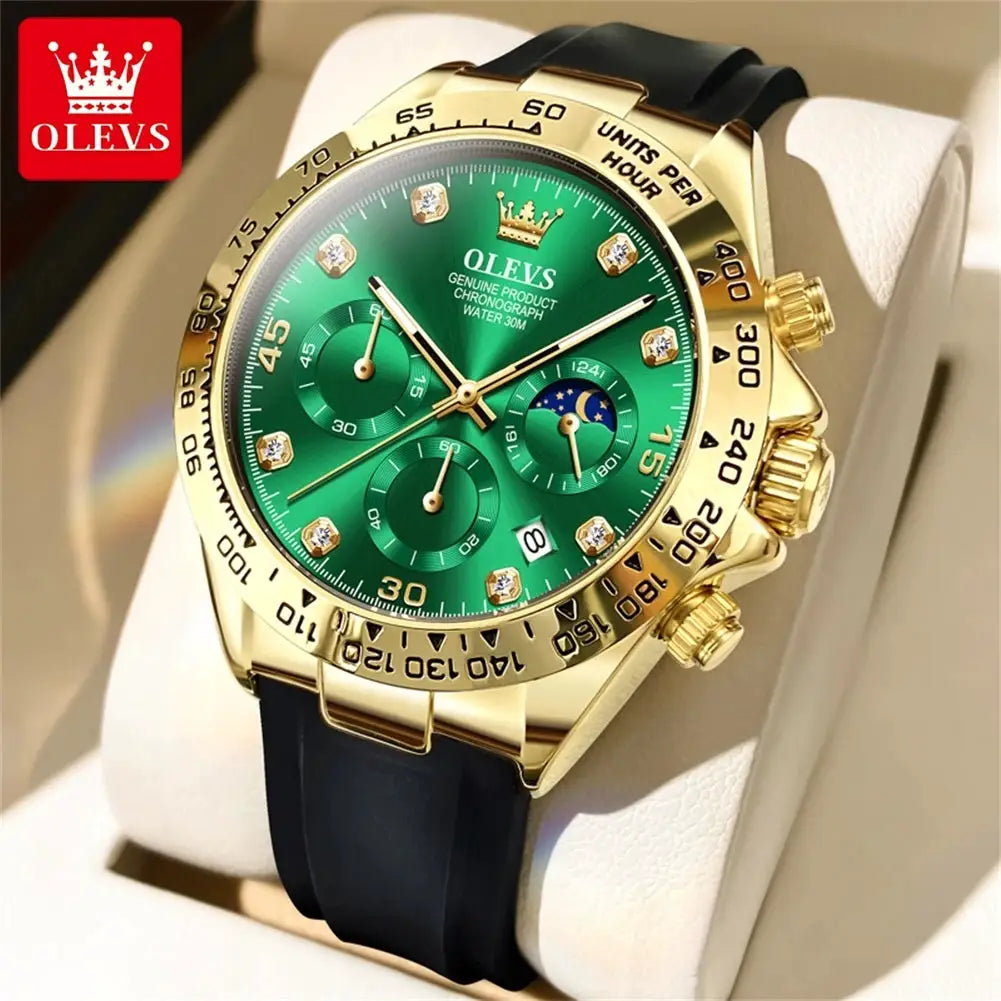 OLEVS 2875 men's luxury watch with gold-tone case, green dial, moon phase, chronograph, silicone strap