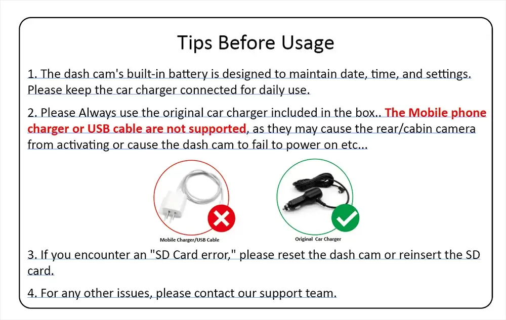 Dash cam tips image showing two chargers: original car charger (green check) and mobile USB charger (red cross)