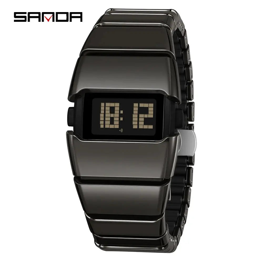 SANDA 9504 Y2K retro digital watch with black metallic link bracelet and digital display