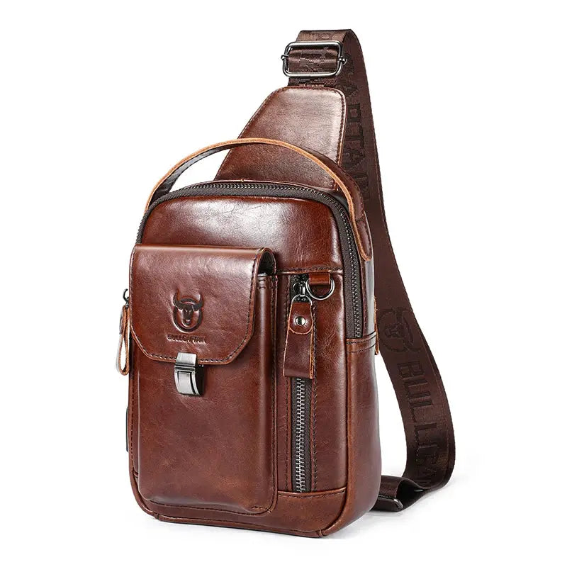 BullCaptain men's genuine leather crossbody chest bag with front flap pocket and side zipper