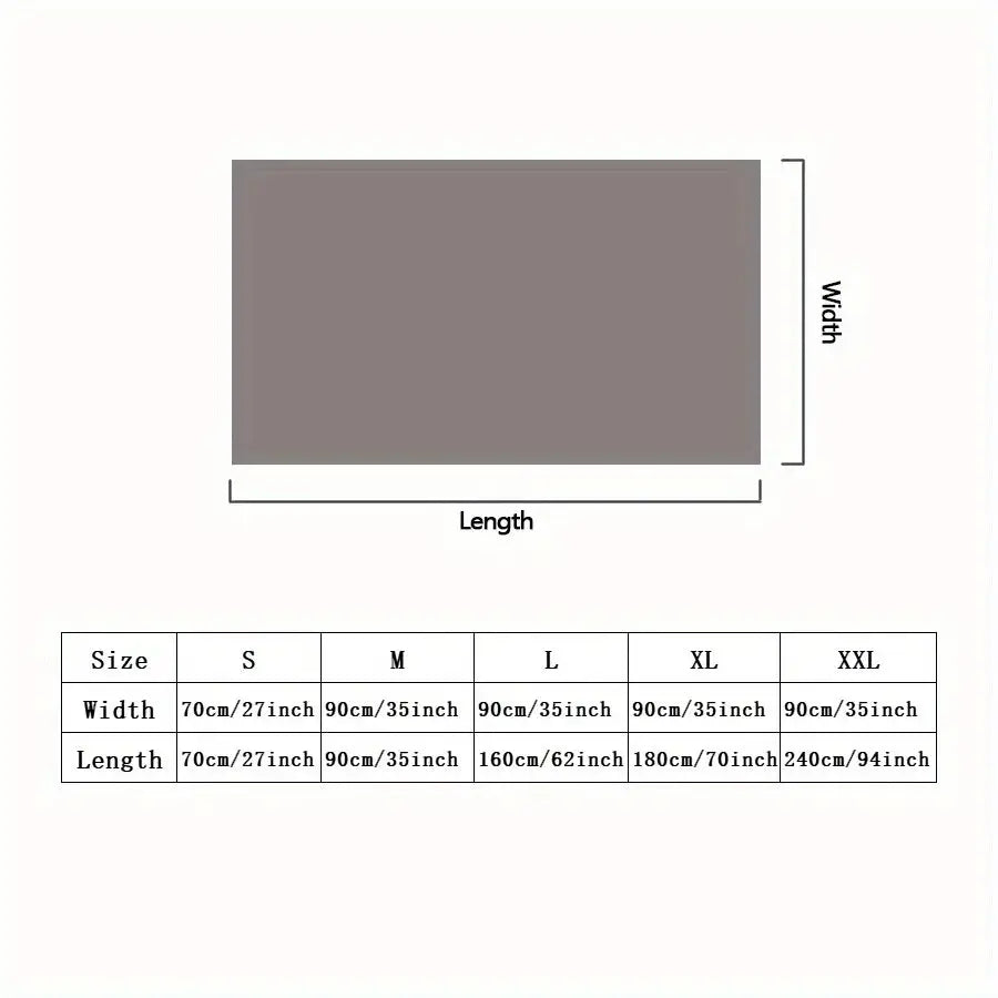 Velvet sofa cover by Simples Market; gray illustration with size guide showing S–XXL widths and lengths.