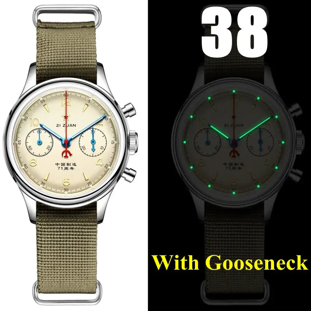 Simples Market Red Star 38mm pilot chronograph watch with beige dial and olive canvas strap