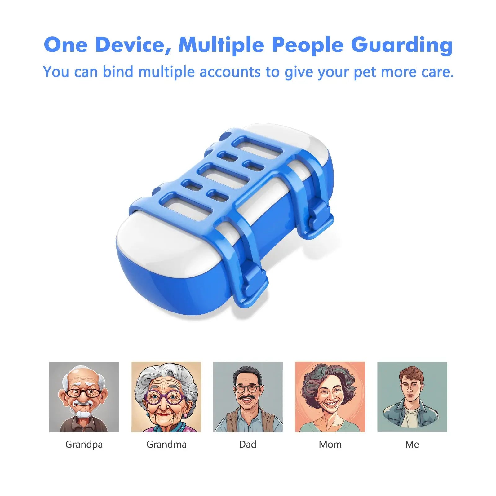 GPS pet tracker for dogs and cats, blue clip-on device with white body