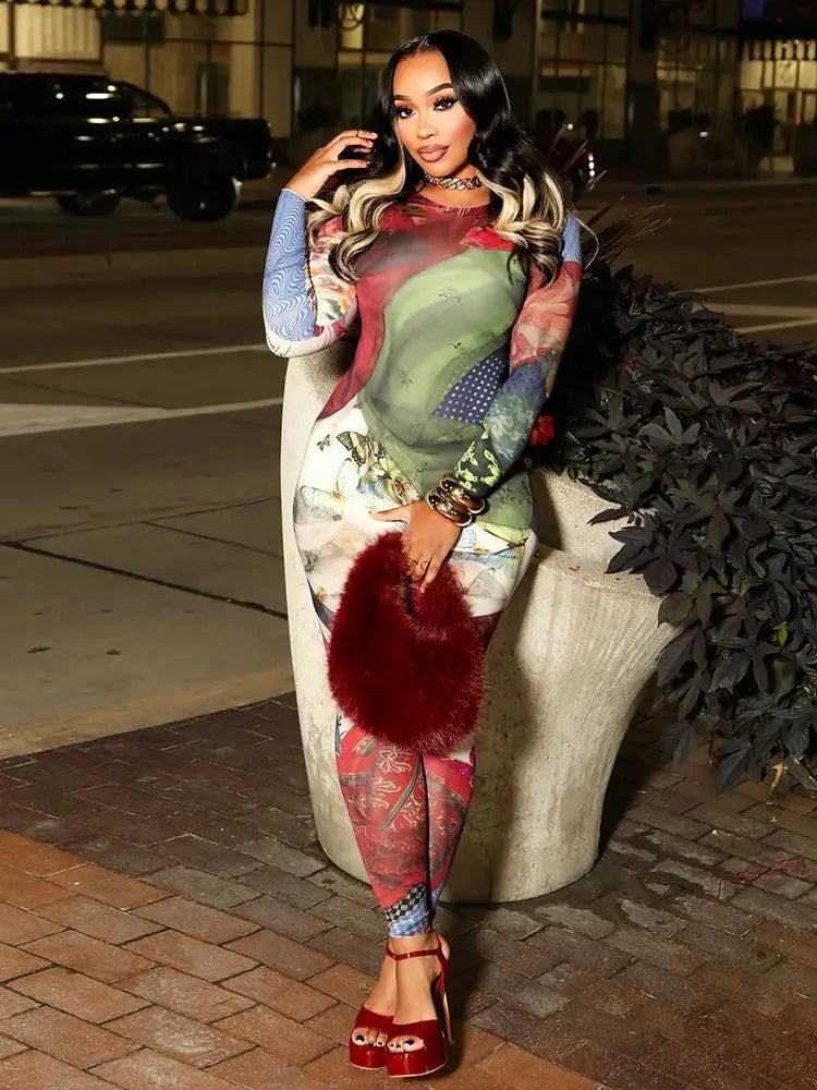 Sisterlinda hip jumpsuit in colorful print, long-sleeve o-neck skinny fit street fashion overalls