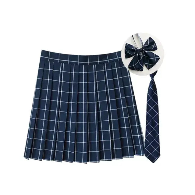 Women's navy plaid pleated 3-piece skirt set with necktie and bow, Simples Market school uniform style