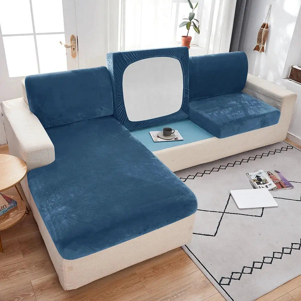 1pc plush sofa slipcover in blue velvet with anti-slip elastic for beige sectional couch