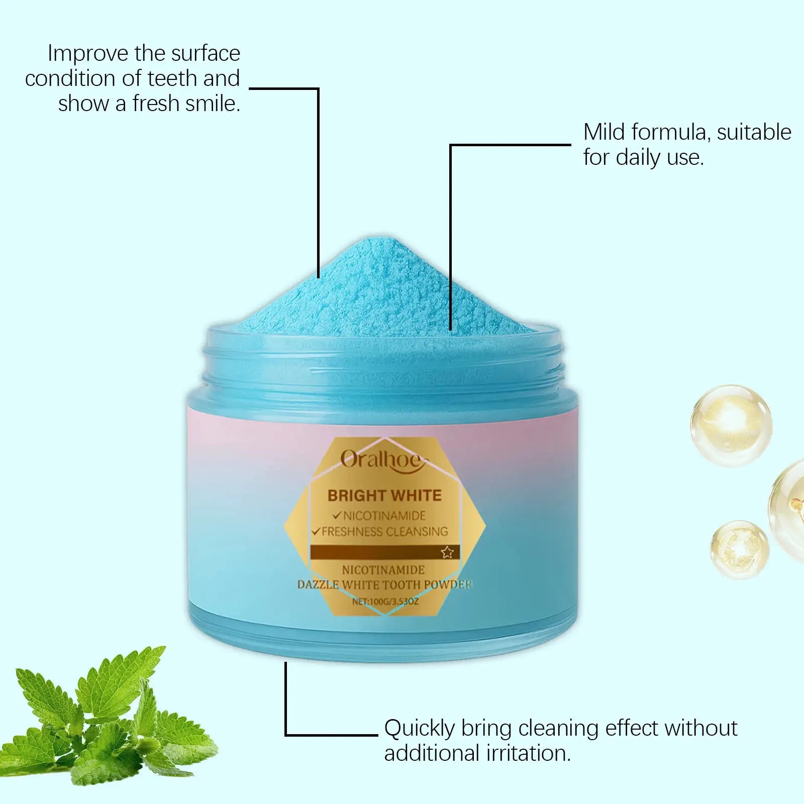 Niacinamide tooth powder jar with bright blue powder by Simples Market