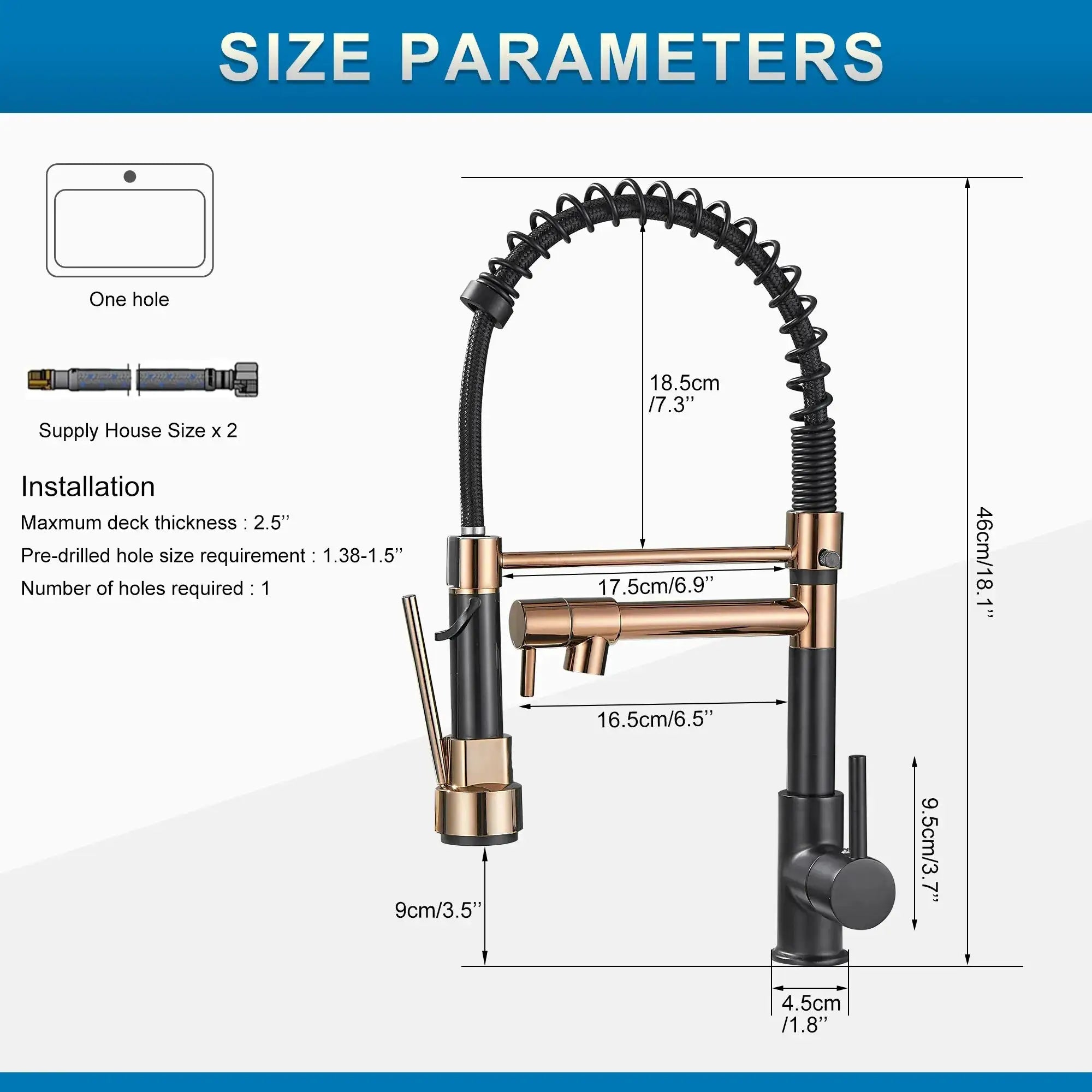 Kitchen faucet with pull-down sprayer, high-arc, single-handle, copper-and-black finish with spring coil hose.