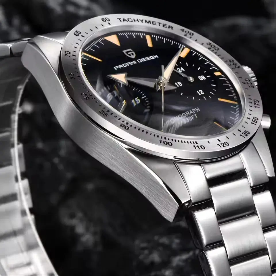 PAGANI DESIGN Retro Luxury Quartz Men’s Watch on stainless steel bracelet with tachymeter bezel and black dial