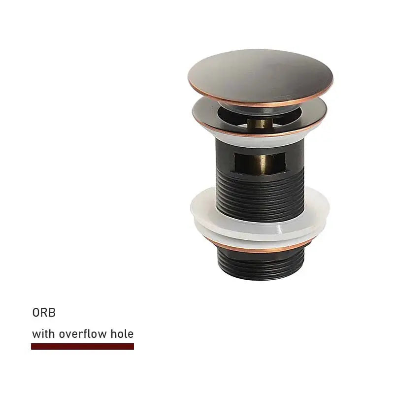 Bathroom sink push-down pop-up stopper drain, black body with brass-toned rings