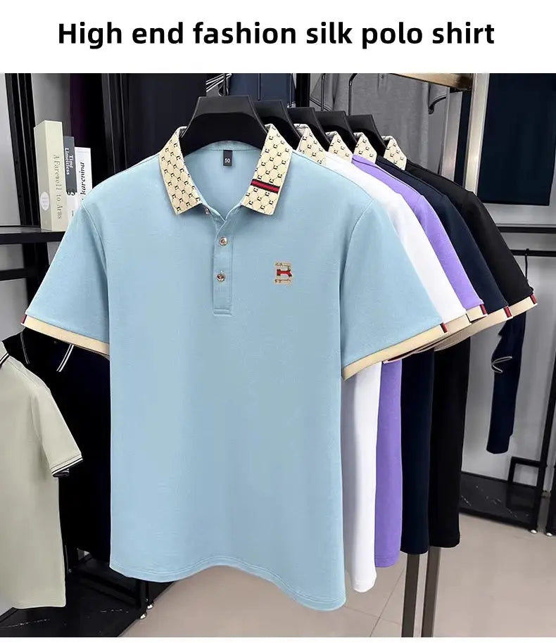Polo shirt by Simples Market, blue with beige patterned collar and cuffs, B logo embroidery, displayed in six colors