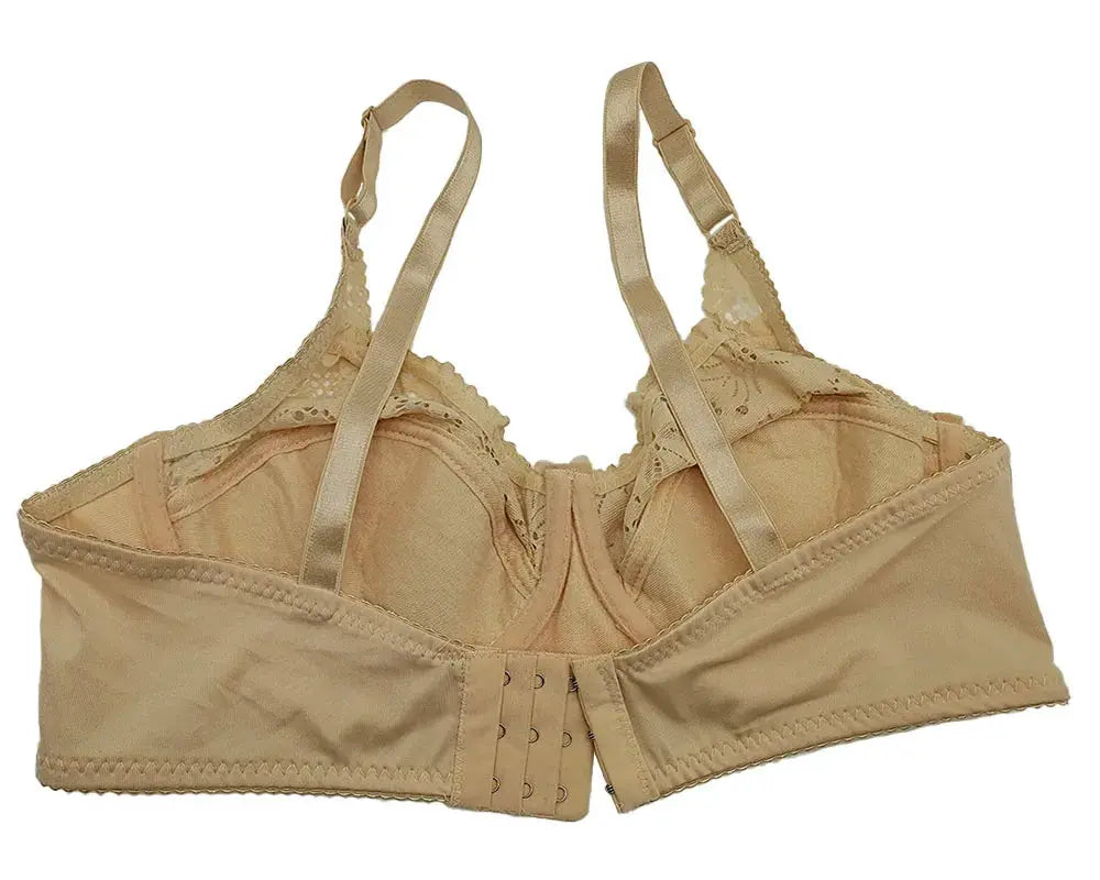 Beige lace full-cup bra with floral trim, adjustable straps and back hook closure.