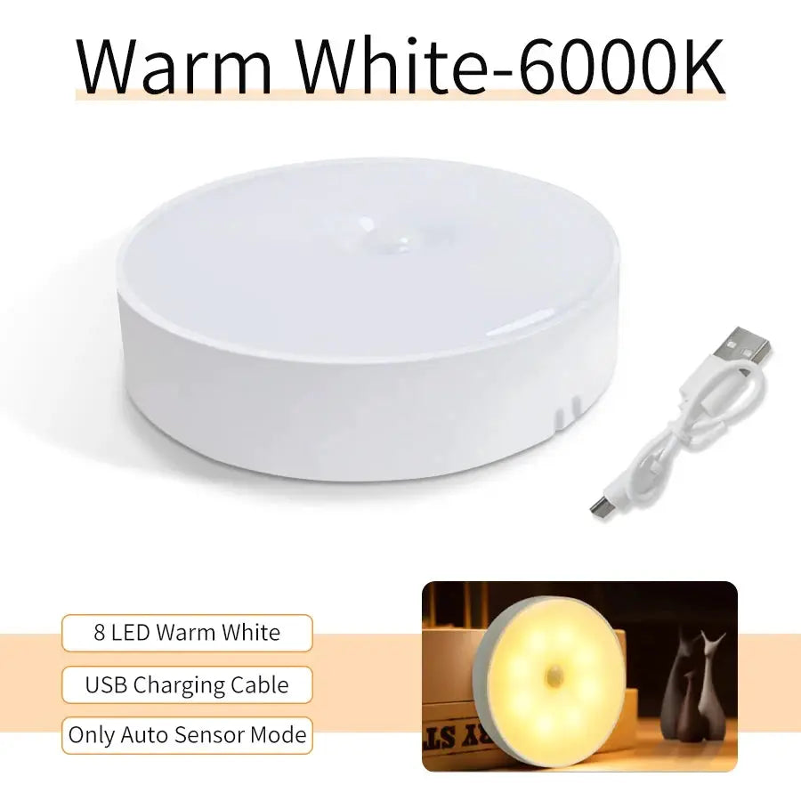 Motion sensor night light, round white USB-rechargeable LED lamp with 8 warm-white LEDs and auto-sensor mode