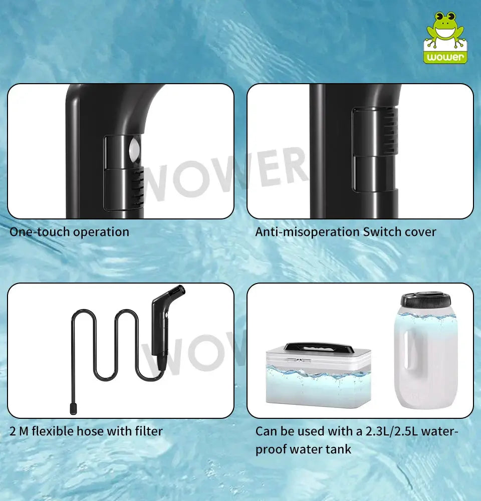 WOWER portable handheld bidet sprayer with 2m hose, black finish; compatible with 2.3–2.5L water tanks