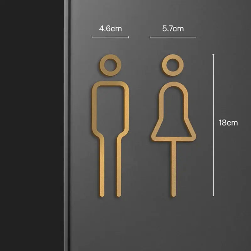 Simples Market 3D gold toilet door signs for man and woman; 18 cm tall wall decals, 4.6 cm and 5.7 cm wide, removable.