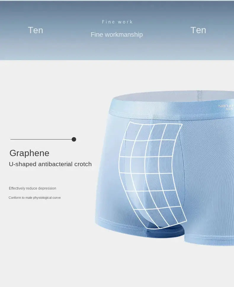 Men's blue ice silk boxer shorts with graphene U-shaped antibacterial crotch