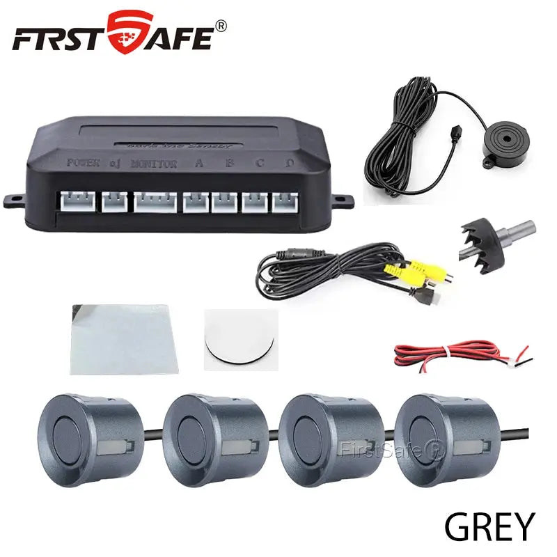 FirstSafe 4-sensor car rear parking radar monitor system with grey sensors, wiring, and mounting kit.