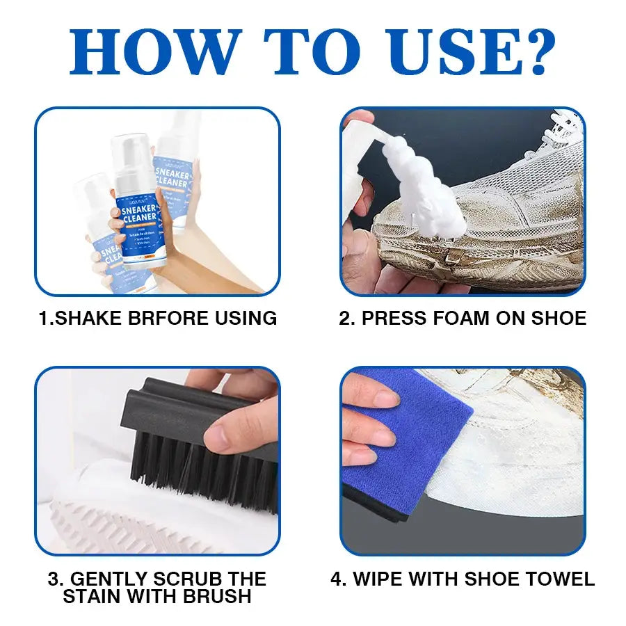 White shoe cleaner foam by Simples Market; 100ml for suede/leather sneakers; four-step use: spray, foam, brush, wipe