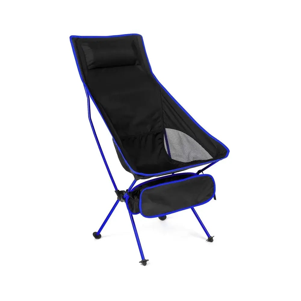 Folding ultralight chair by Simples Market with blue frame, black fabric, storage bag for camping and fishing