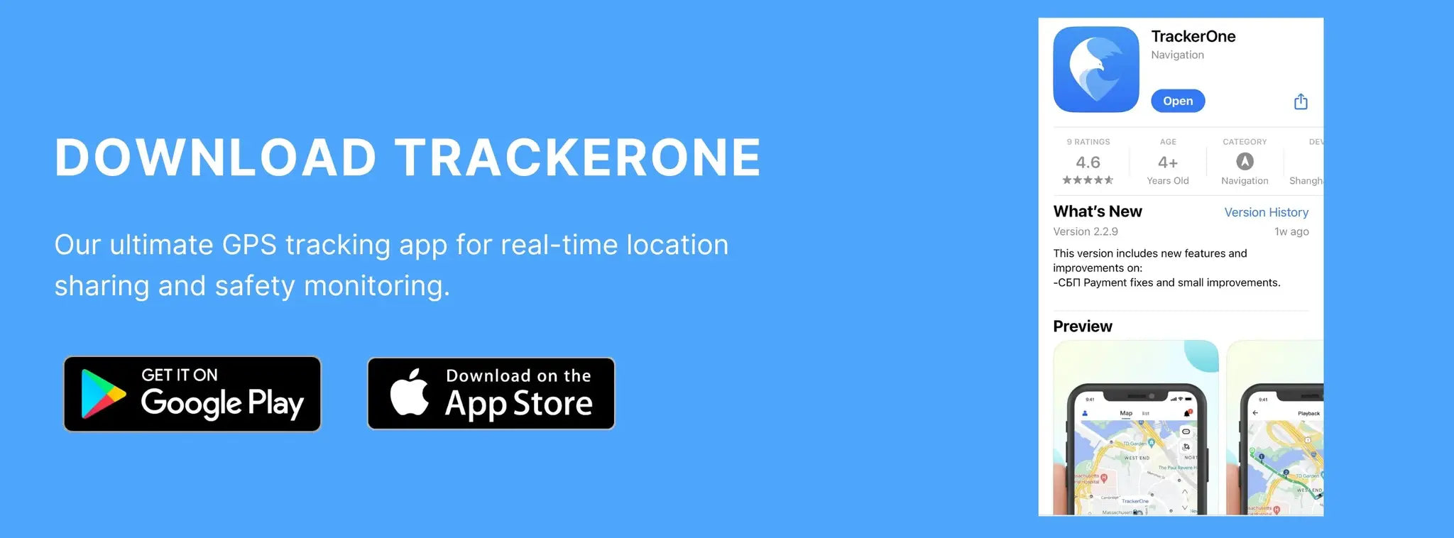 TrackerOne GPS pet tracker app promo by Simples Market; blue banner with Google Play and App Store badges