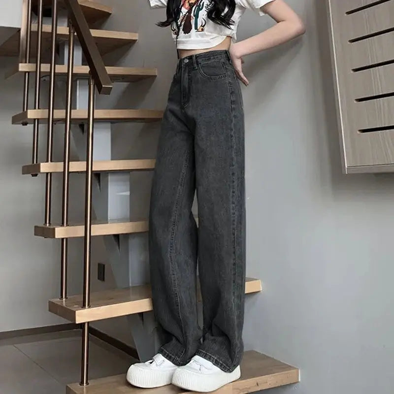 Womens Vintage Wide Leg Jeans High Waist Denim Pants Black Grey Blue