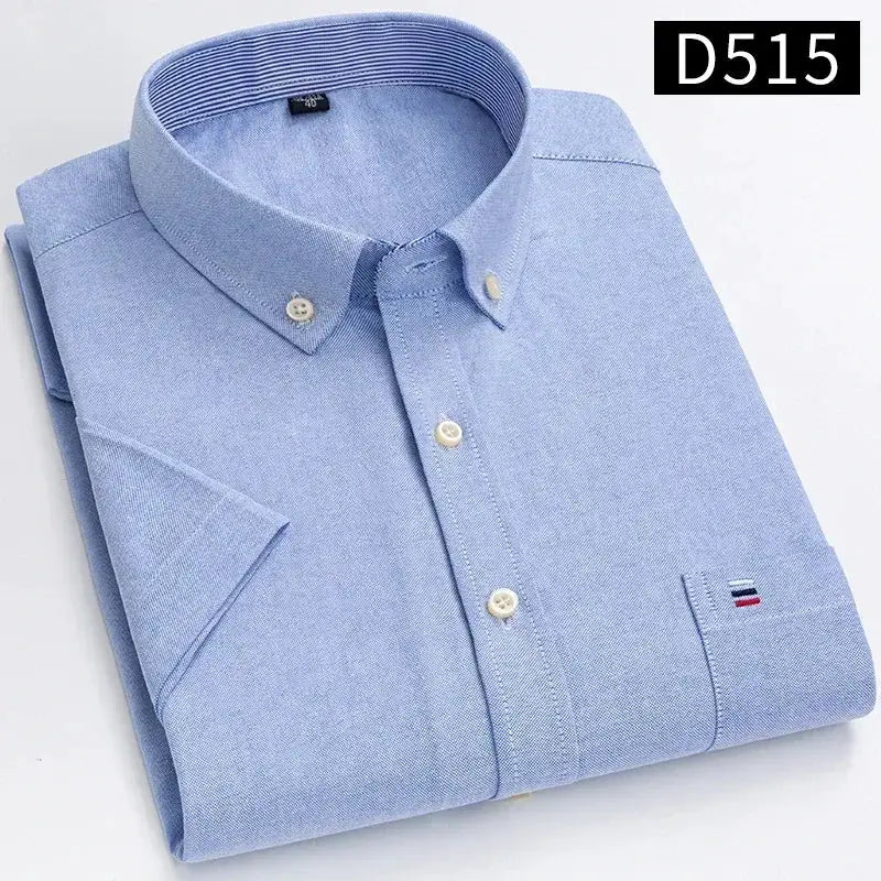 Men's light blue oxford shirt, 100% cotton, short sleeve, Simples Market, folded with small flag logo