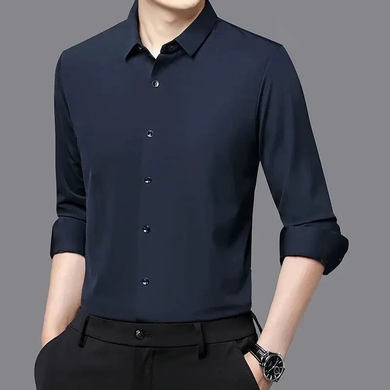 Premium men's ultra-stretch silky navy shirt, long-sleeve with rolled cuffs for formal or casual wear