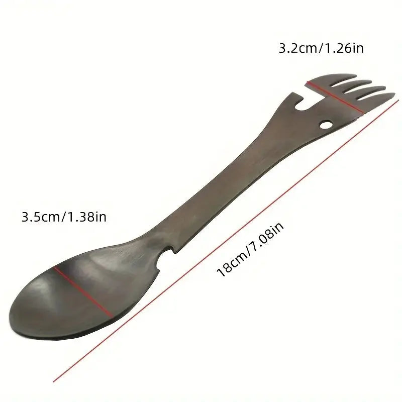 PSKOOK 5-in-1 camping utensil by Simples Market; spoon on one end, fork on the other, 18 cm long
