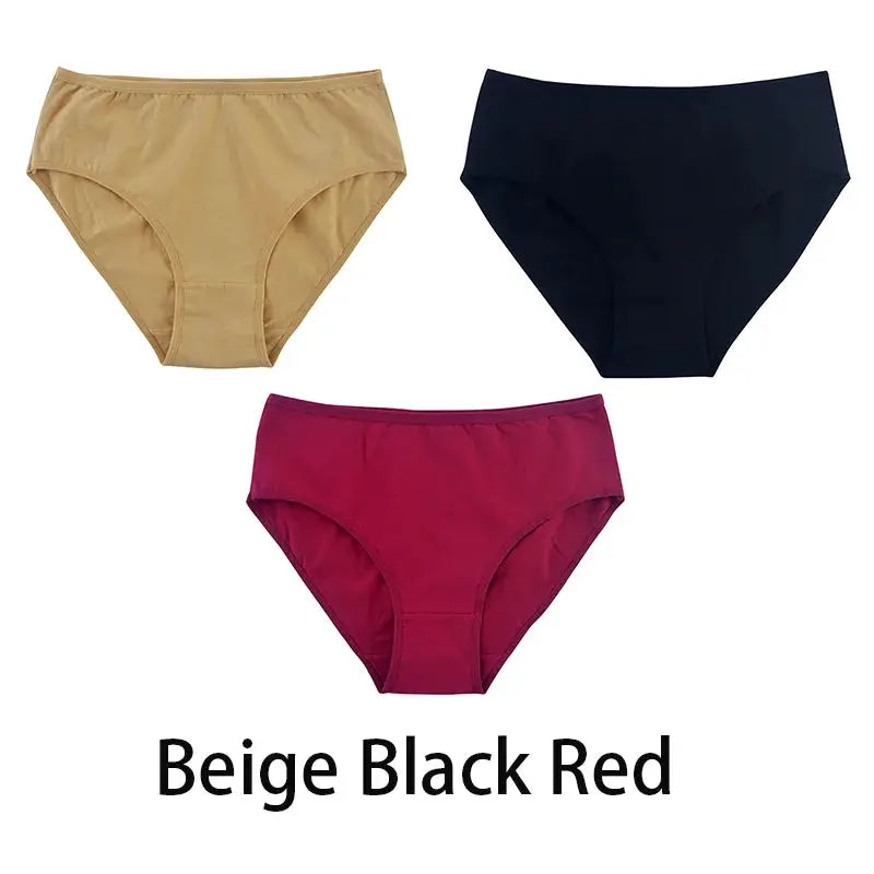3-piece women's seamless cotton panties set in beige, black, and red by Simples Market