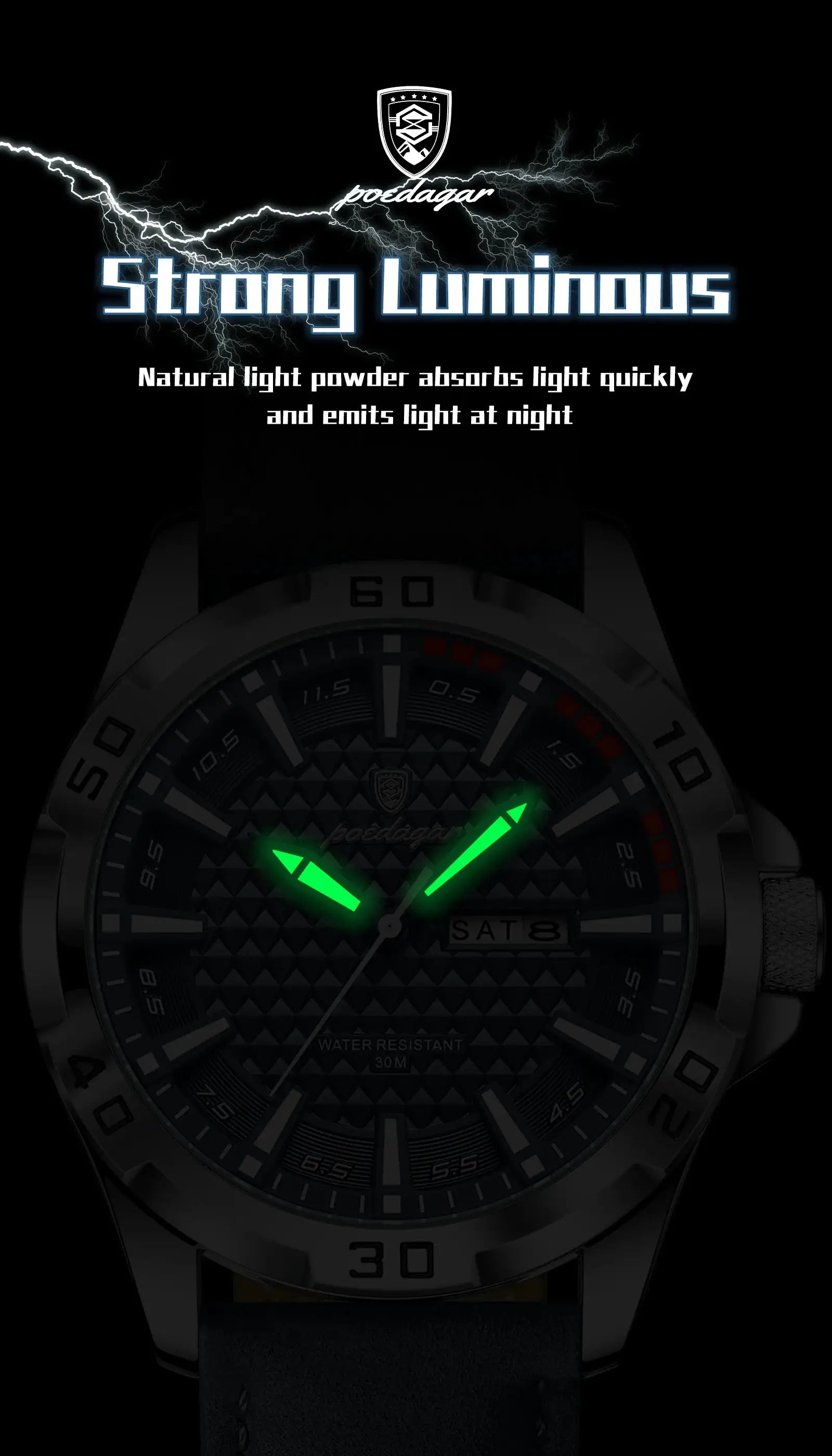POEDAGAR men's wristwatch with leather strap, waterproof quartz, luminous green hands and date window