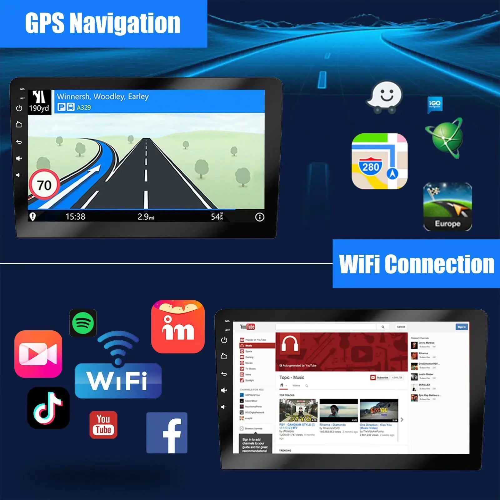 Car stereo Android 15 ESSGOO wireless CarPlay, 2-Din, 7/9/10 inch glass touchscreen with GPS, MP5, WiFi, BT