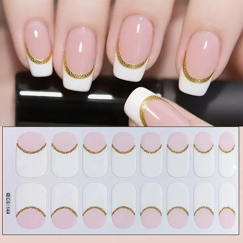 Simples Market full-cover nail stickers with white French tips and gold glitter crescents on pink backing sheet