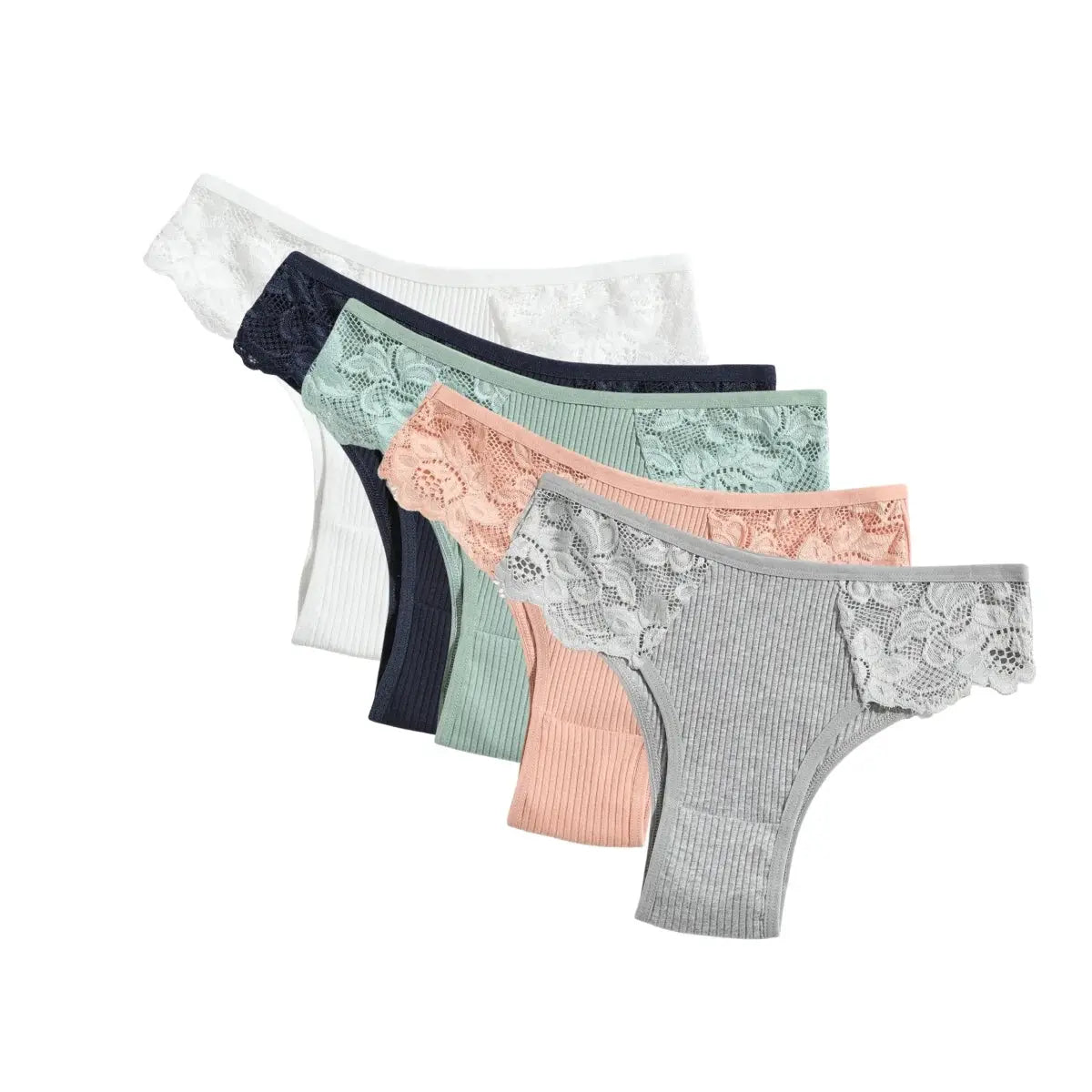5-pc set of women’s cotton panties with floral lace side panels; low-rise briefs in white, navy, mint, peach, gray