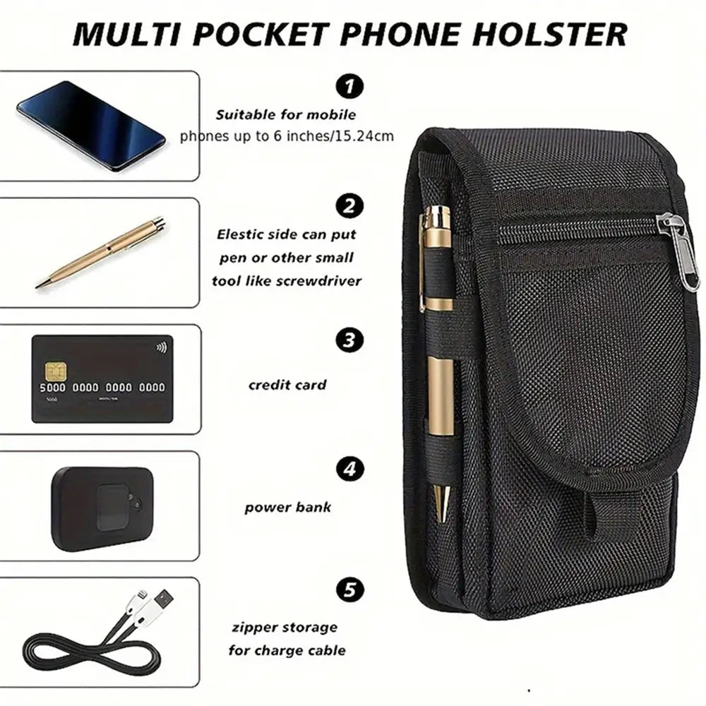 Simples Market multifunctional waist bag, black tactical Molle phone pouch with pen holder, card slots and zip pocket.